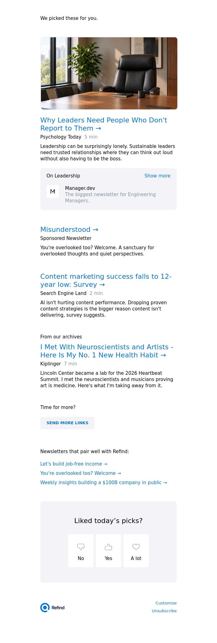 Email Design Inspiration from Refind, ☀️ Why Leaders Need People Who Don't Report to Them