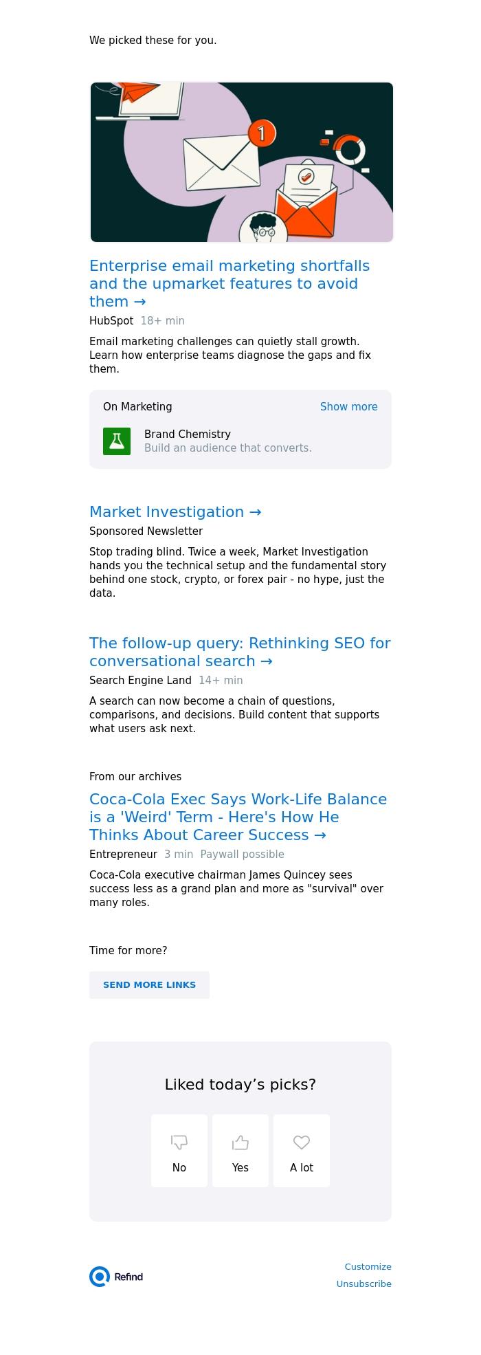 Email Design Inspiration from Refind, ☀️ Enterprise email marketing shortfalls and the upmarket features to avoid them