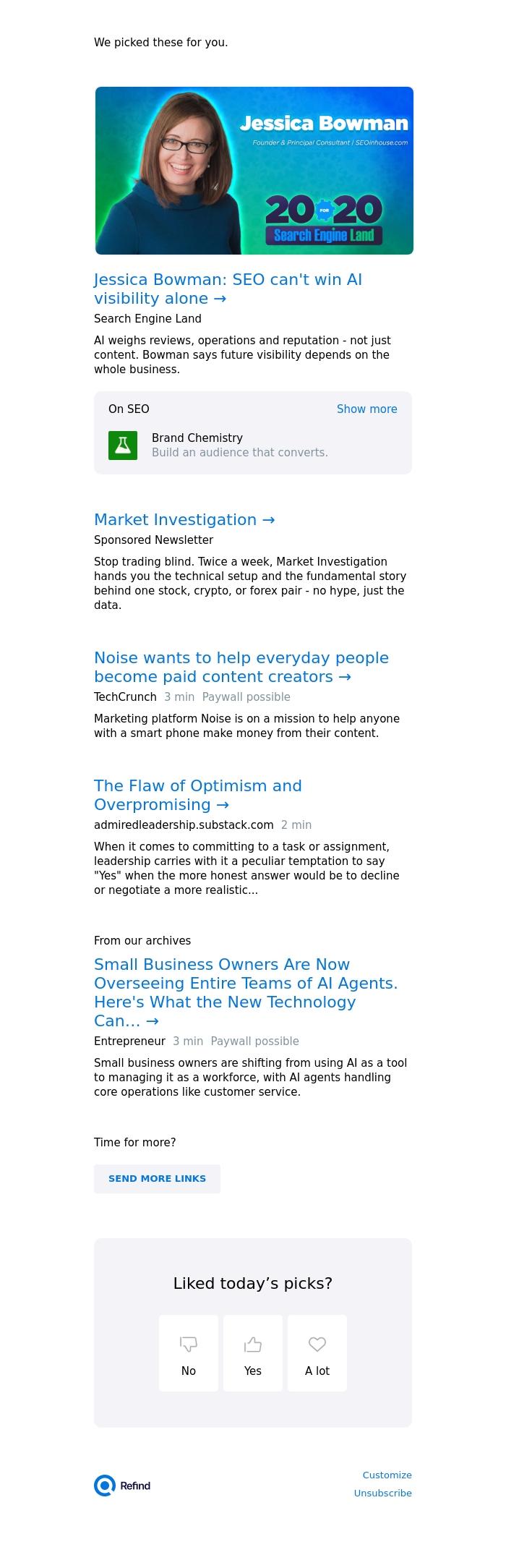 Email Design Inspiration from Refind, ☀️ Jessica Bowman: SEO can't win AI visibility alone