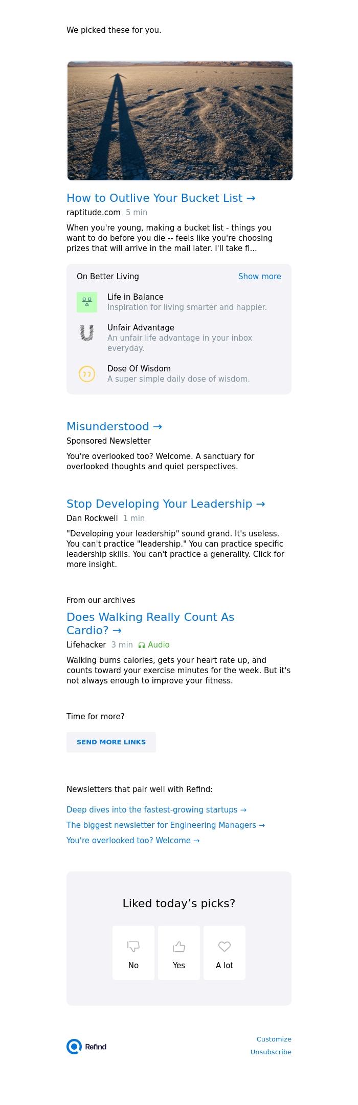 Email Design Inspiration from Refind, ☀️ How to Outlive Your Bucket List