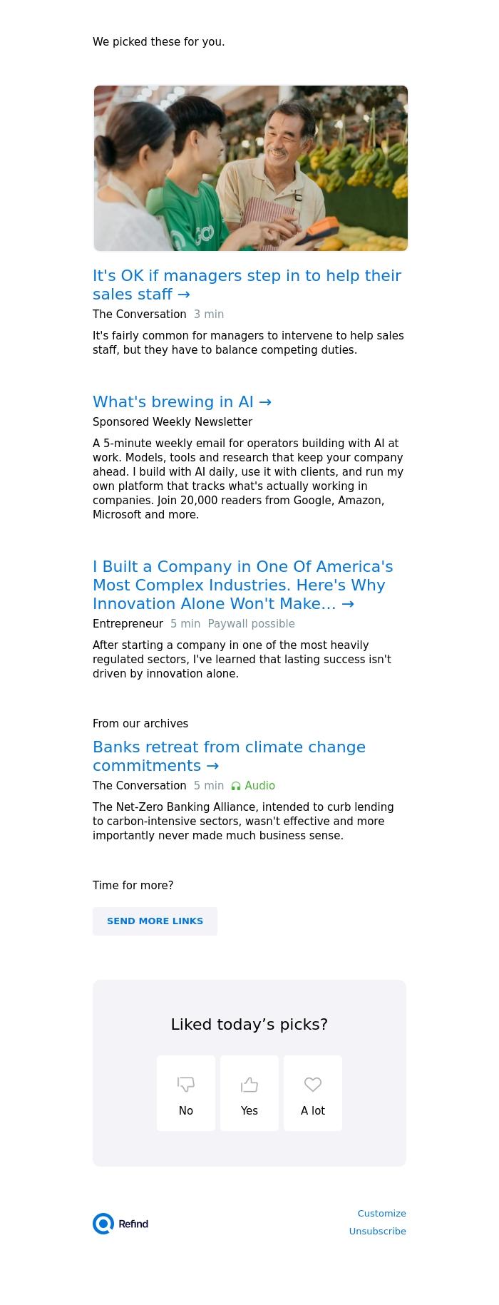 Email Design Inspiration from Refind, ☀️ It's OK if managers step in to help their sales staff