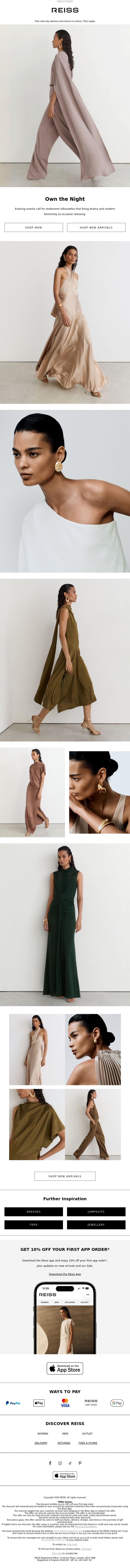 Email Design Inspiration from REISS, Elegant dresses and jumpsuits for evening events