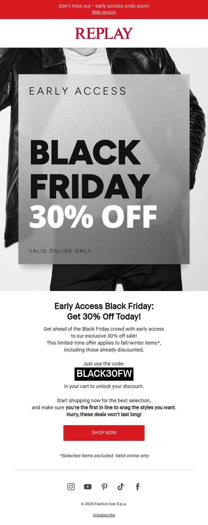 Email Design Inspiration from REPLAY Online Shop, Last Chance for Early Black Friday Deals!