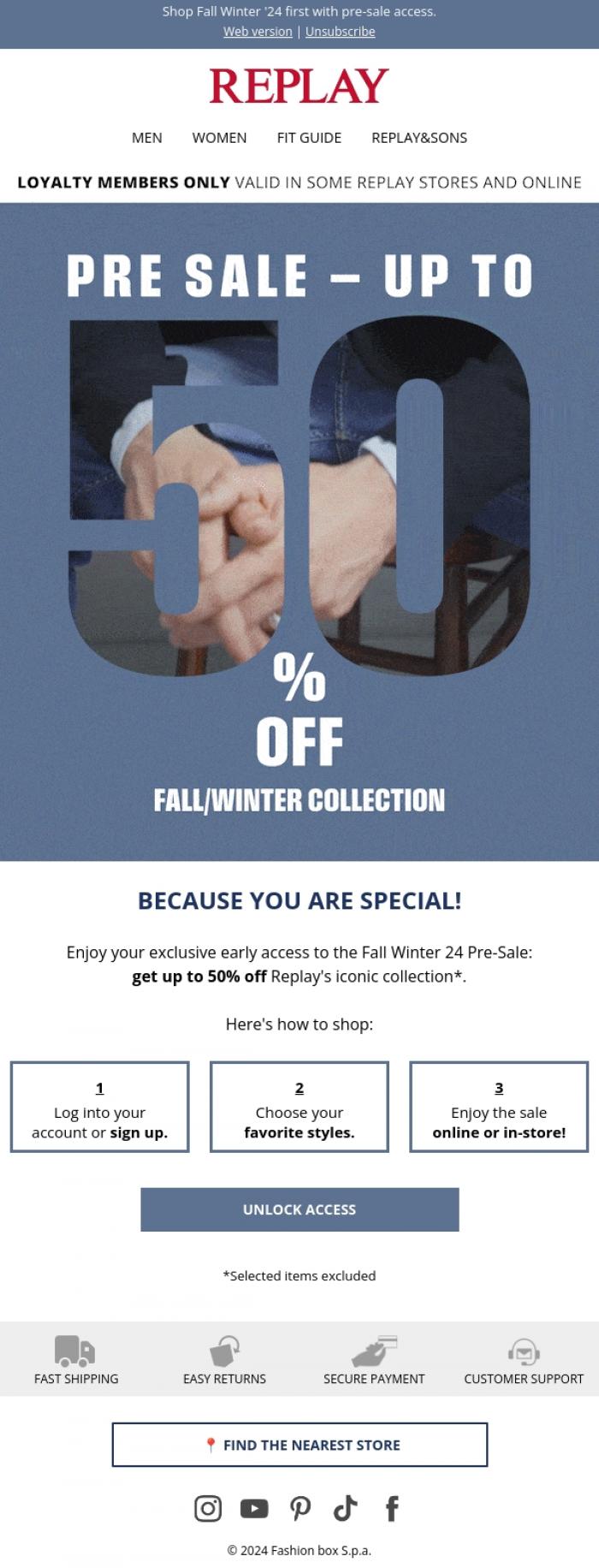 Email Design Inspiration from REPLAY Online Shop, Just for you: up to 50% off FW24!