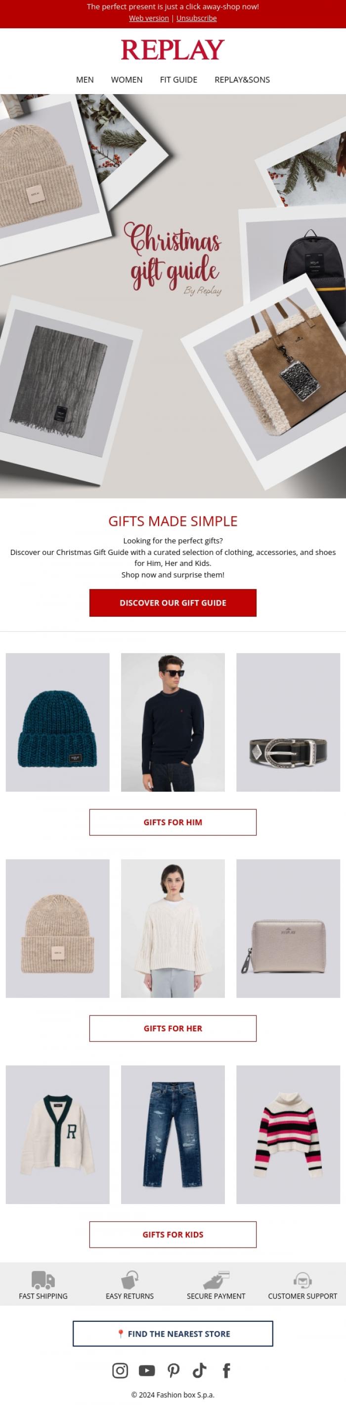 Email Design Inspiration from REPLAY Online Shop, Holiday magic starts here: explore our Gift Guide