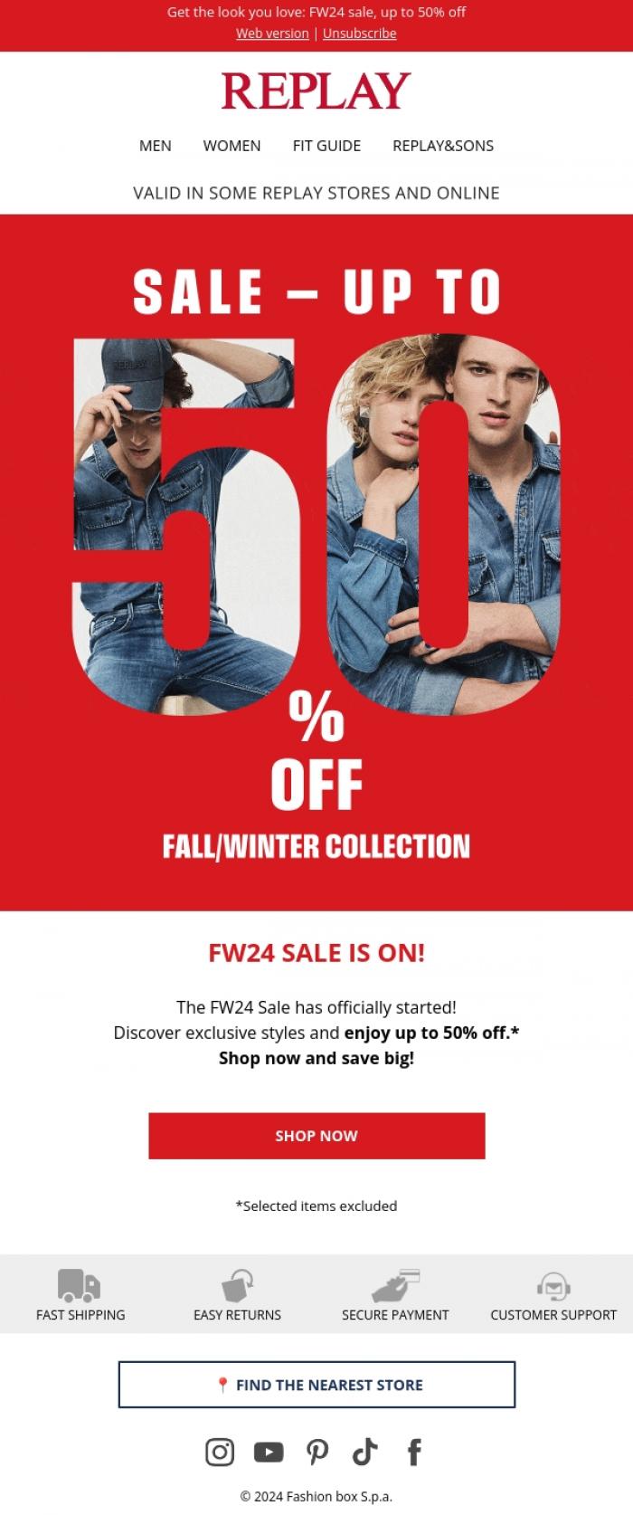 Email Design Inspiration from REPLAY Online Shop, The wait is over: FW24 Sale begins!