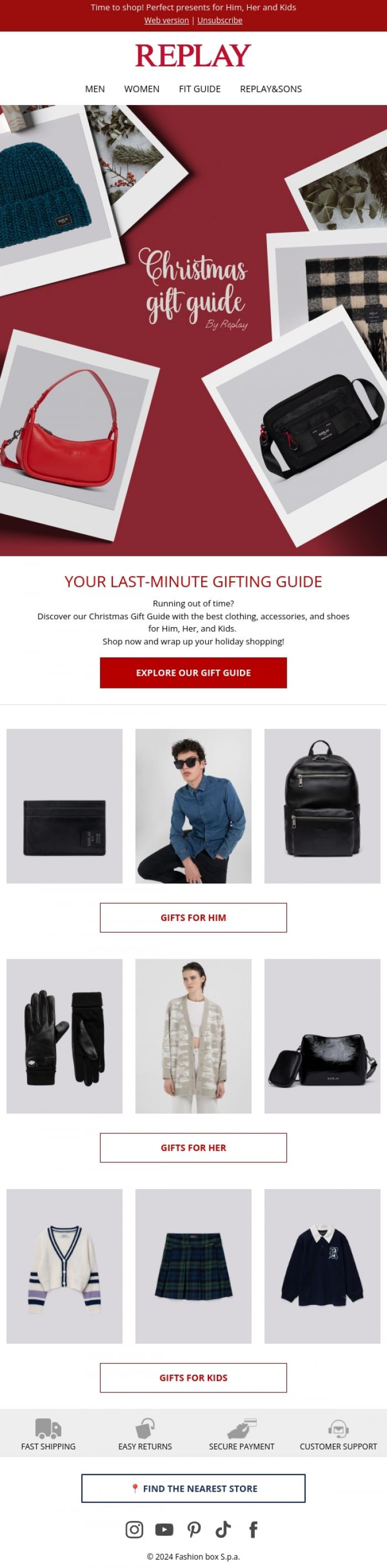 Email Design Inspiration from REPLAY Online Shop, Still searching? Your Gift Guide is here!