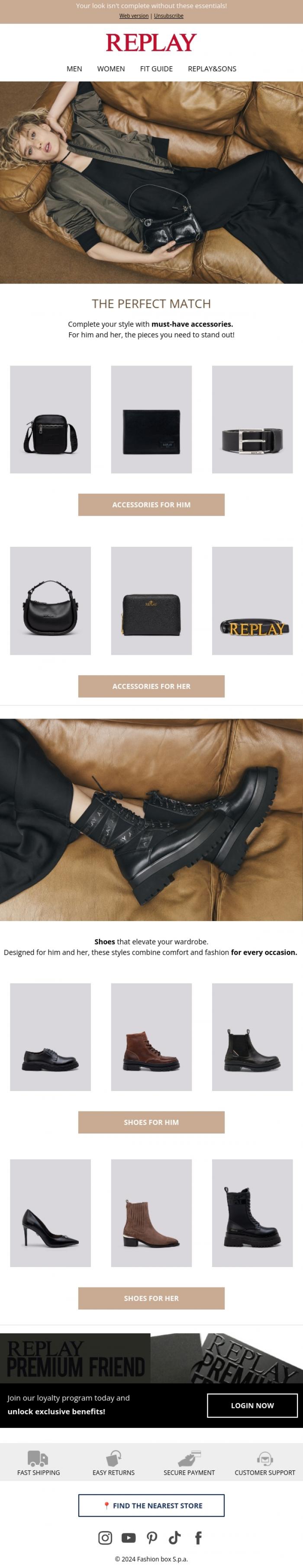 Email Design Inspiration from REPLAY Online Shop, Add the Final Touch: FW24 Accessories & Shoes