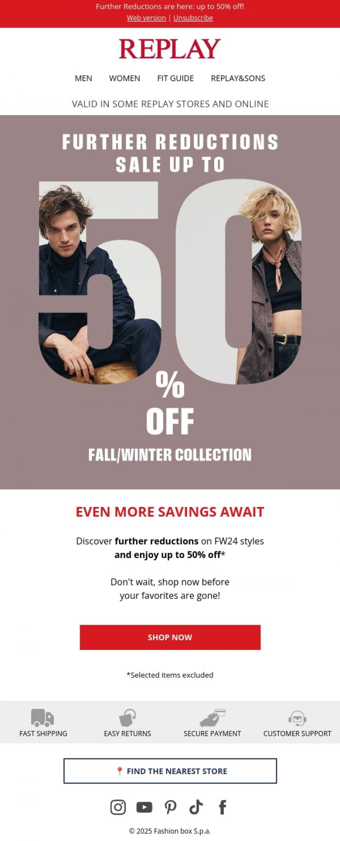 Email Design Inspiration from REPLAY Online Shop, Further Reductions are here: up to 50% off!