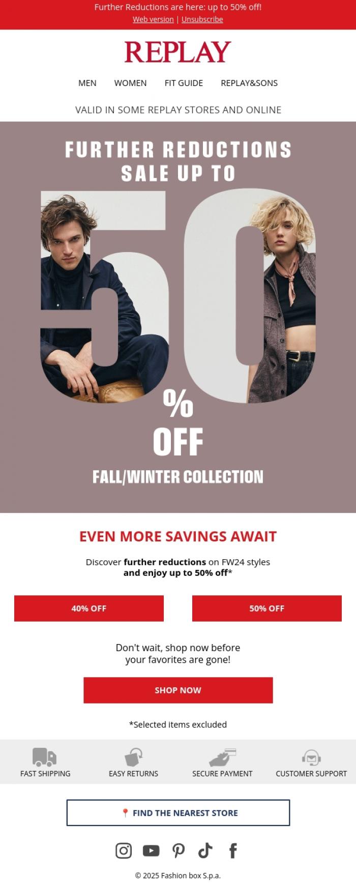 Email Design Inspiration from REPLAY Online Shop, Further Reductions are here: up to 50% off!