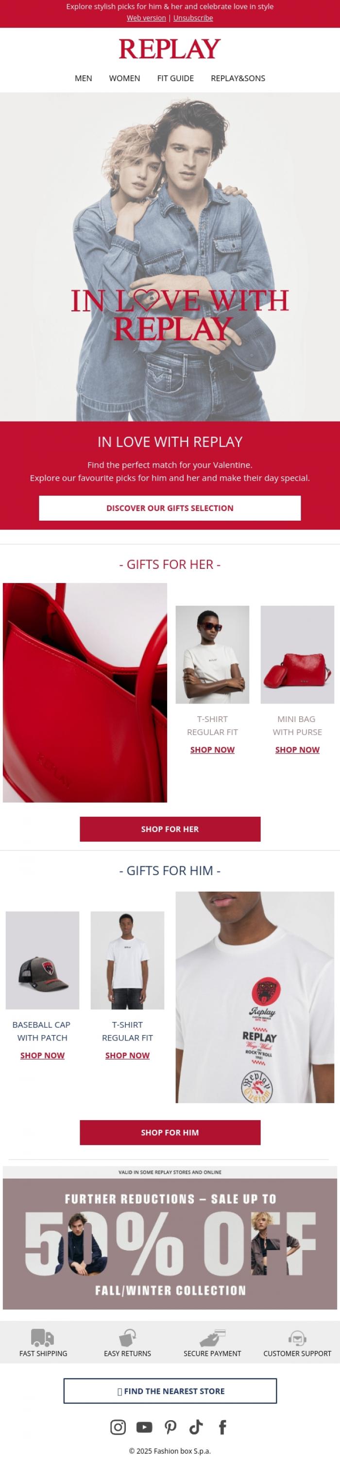Email Design Inspiration from REPLAY Online Shop, Love is in the air: gifts for him & her