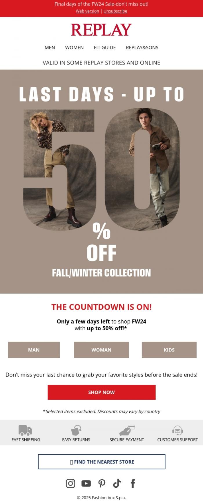 Email Design Inspiration from REPLAY Online Shop, Last chance: up to 50% off FW24!