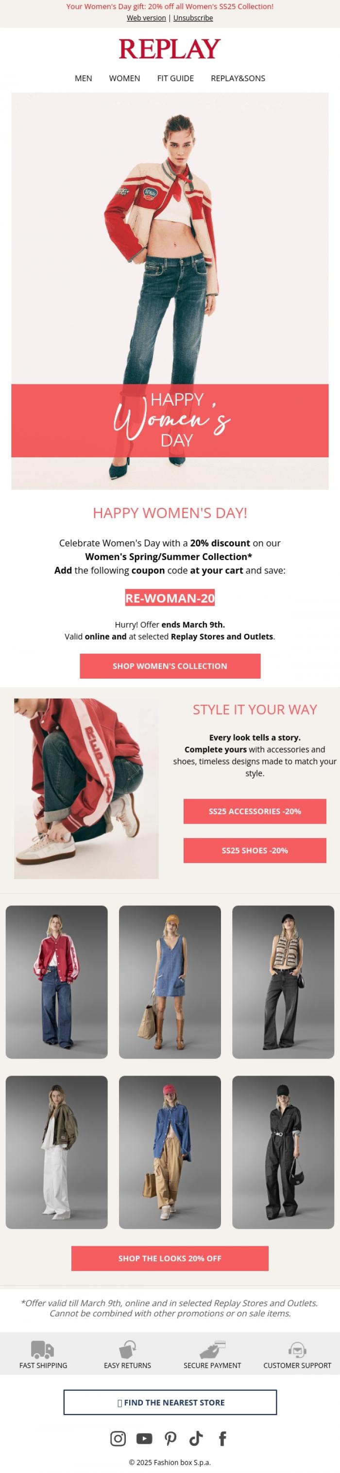 Email Design Inspiration from REPLAY Online Shop, Celebrate Women's Day: 20% Off Just for You!