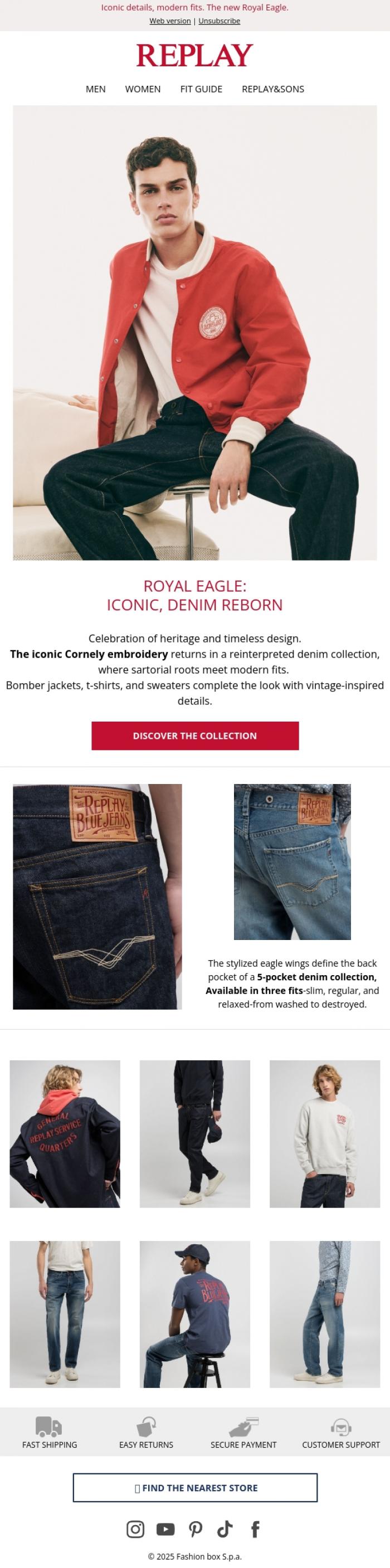 Email Design Inspiration from REPLAY Online Shop, A Legacy Reborn - Discover Royal Eagle 👖
