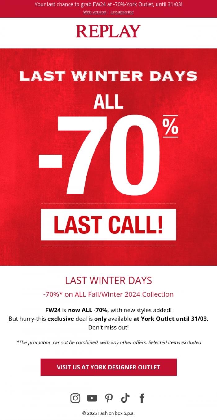 Email Design Inspiration from REPLAY Online Shop, Final days: -70% on FW24 - Don't miss it!