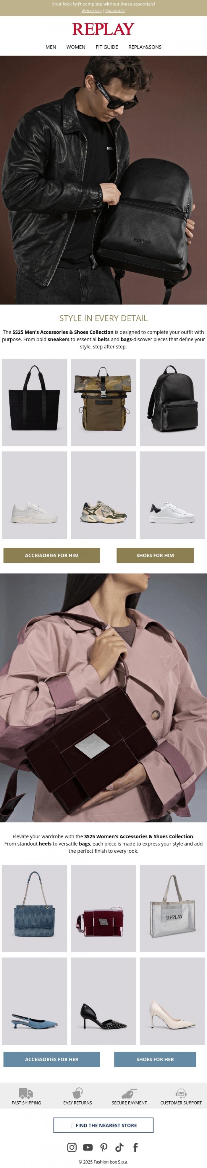 Email Design Inspiration from REPLAY Online Shop, Step Up Your Style: SS25 Accessories & Shoes Collection