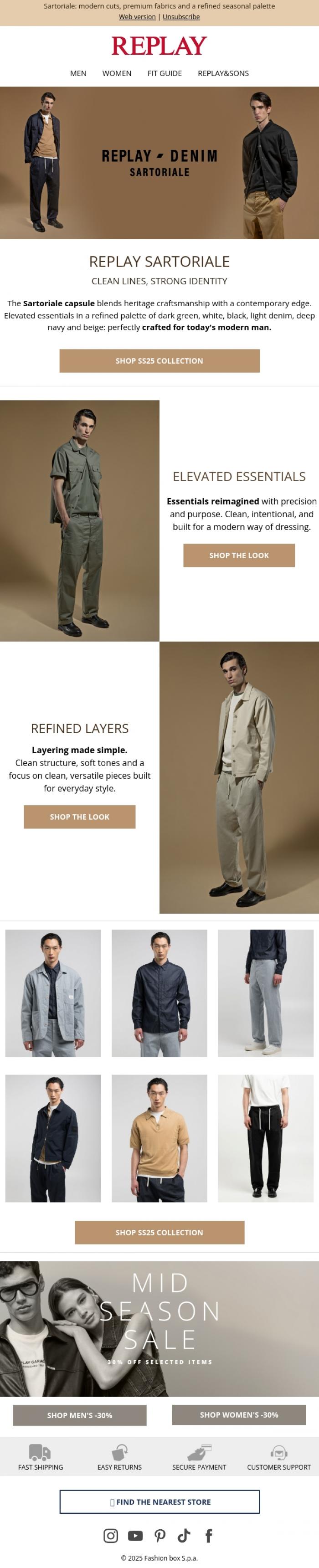 Email Design Inspiration from REPLAY Online Shop, Redefine everyday with Sartoriale