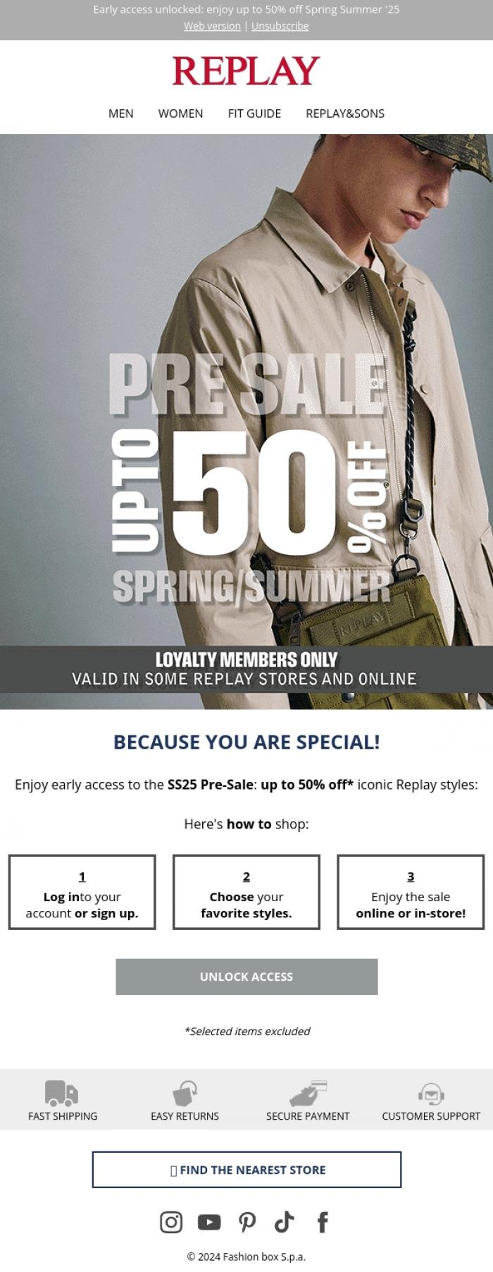 Email Design Inspiration from REPLAY Online Shop, Just for you: up to 50% off SS25!