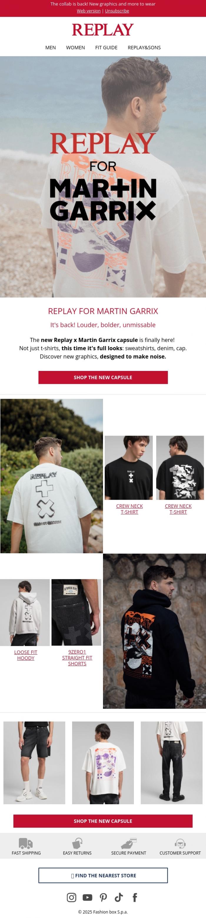 Email Design Inspiration from REPLAY Online Shop, Have you heard? Replay x Martin Garrix is back