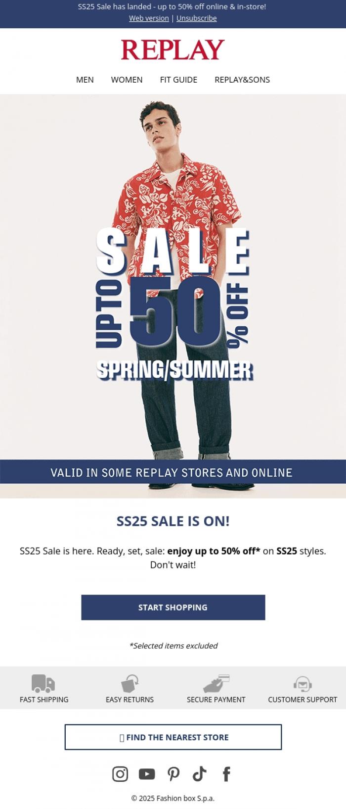 Email Design Inspiration from REPLAY Online Shop, SS25 Sale is live - get up to 50% off