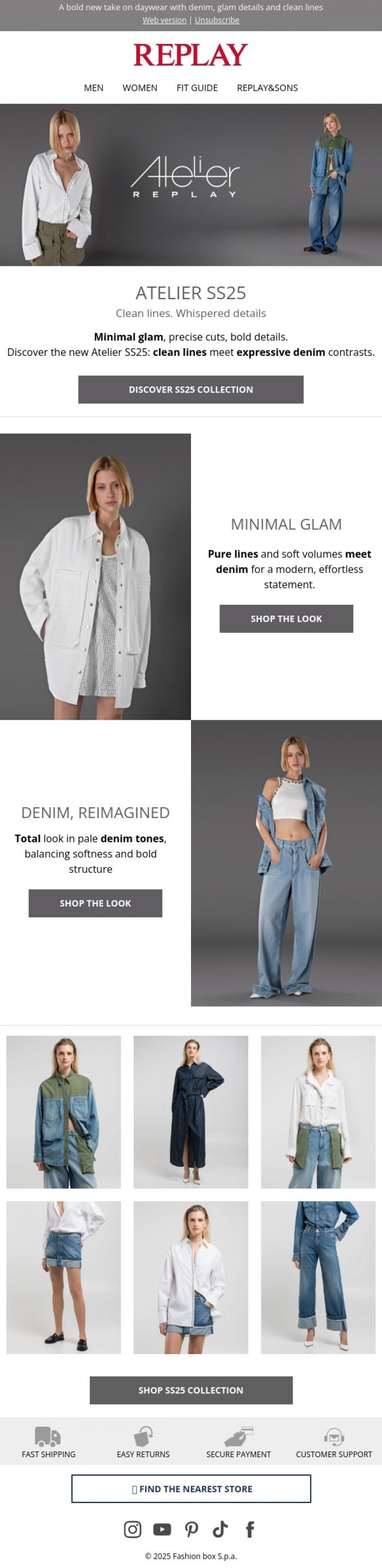 Email Design Inspiration from REPLAY Online Shop, Minimal. Glam. Atelier SS25