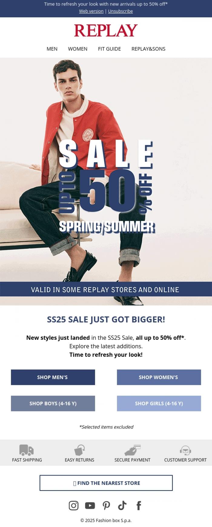 Email Design Inspiration from REPLAY Online Shop, SS25 Sale just got a fresh update 🔥