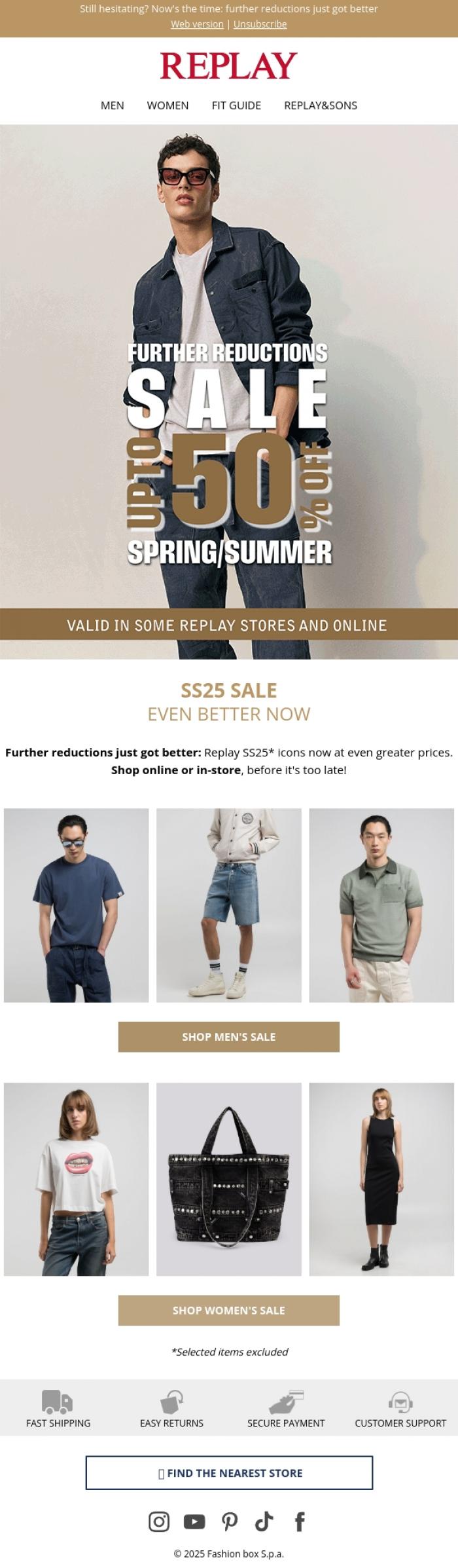 Email Design Inspiration from REPLAY Online Shop, Even more savings: up to 50% off!