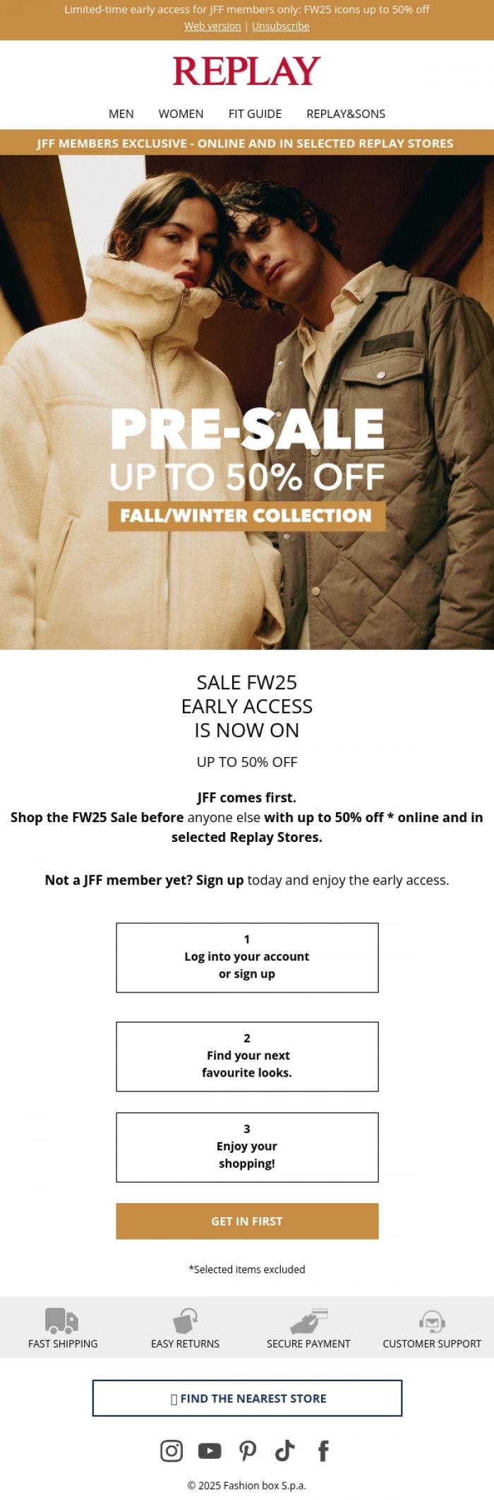 Email Design Inspiration from REPLAY Online Shop, Your Early Access to FW25 Sale is here