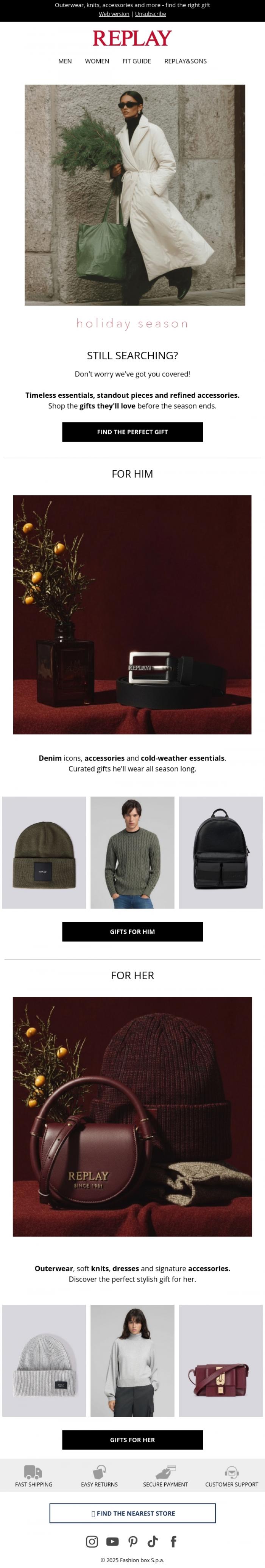 Email Design Inspiration from REPLAY Online Shop, Still Time to Find the Perfect Gift 🎁