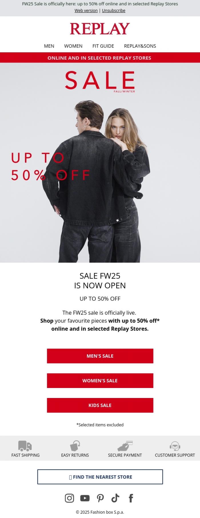Email Design Inspiration from REPLAY Online Shop, FW25 Sale Is Now Live - up to 50% Off