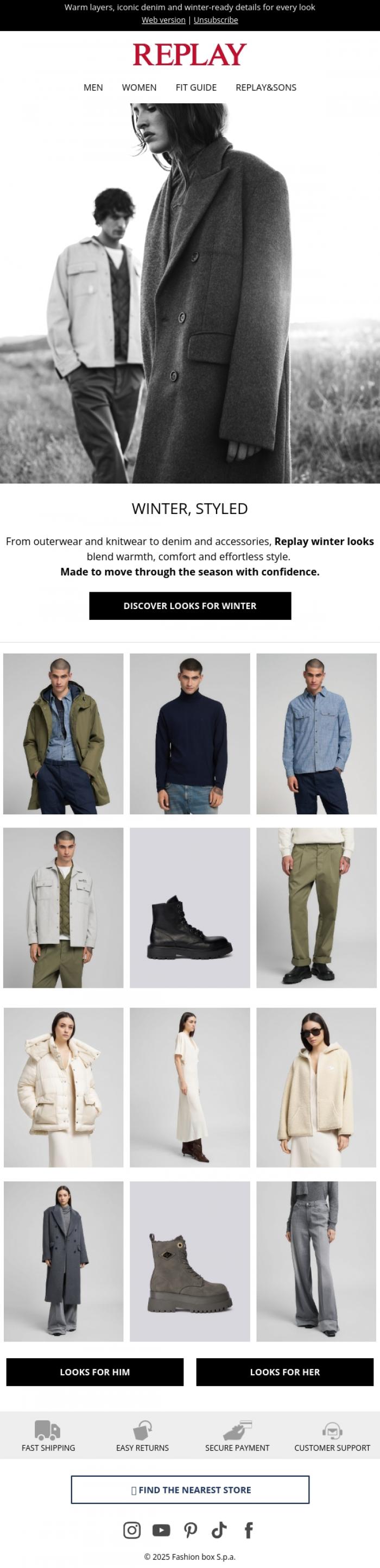 Email Design Inspiration from REPLAY Online Shop, Winter Essentials, Refined