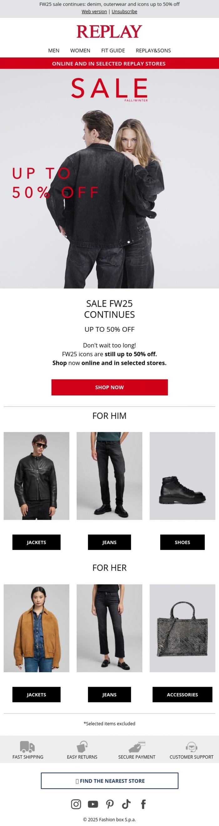 Email Design Inspiration from REPLAY Online Shop, Sale Continues - Up to 50% Off
