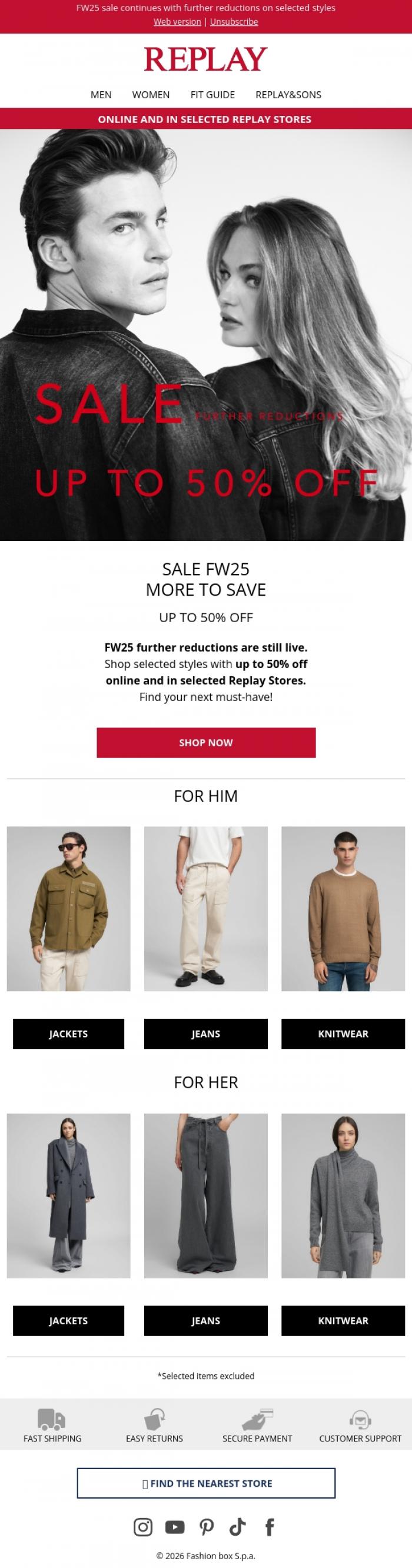 Email Design Inspiration from REPLAY Online Shop, Don't Miss Out - FW25 Sale Ongoing!