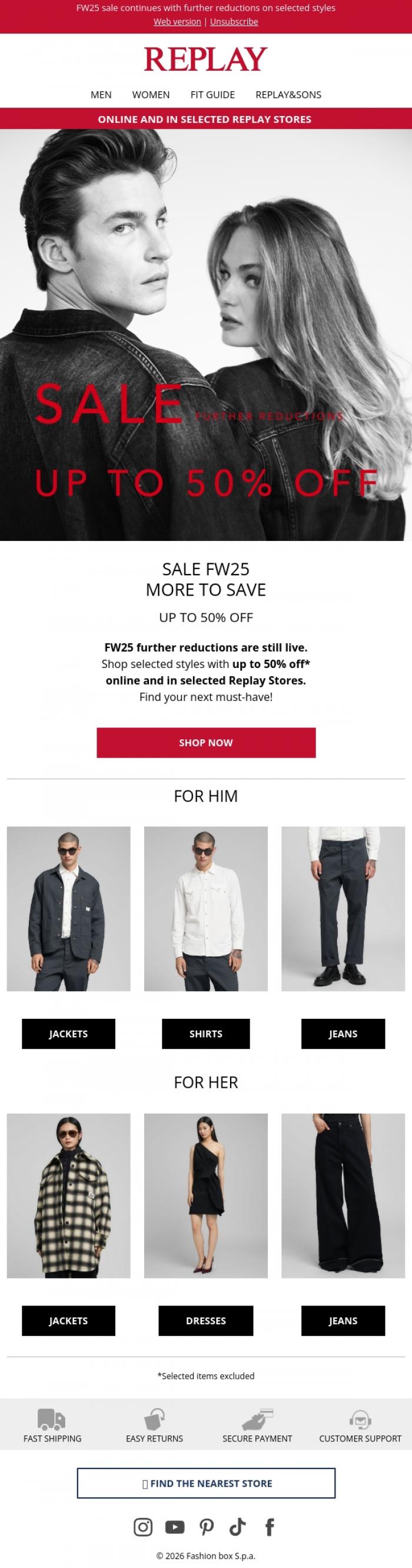 Email Design Inspiration from REPLAY Online Shop, FW25 Sale: Further Reductions Continue