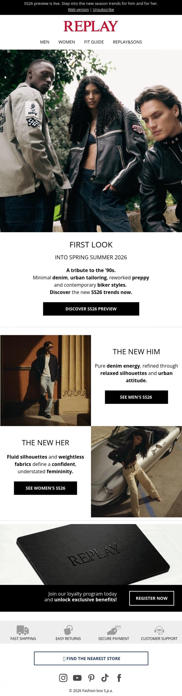 Email Design Inspiration from REPLAY Online Shop, Introducing SS26: The New Trends