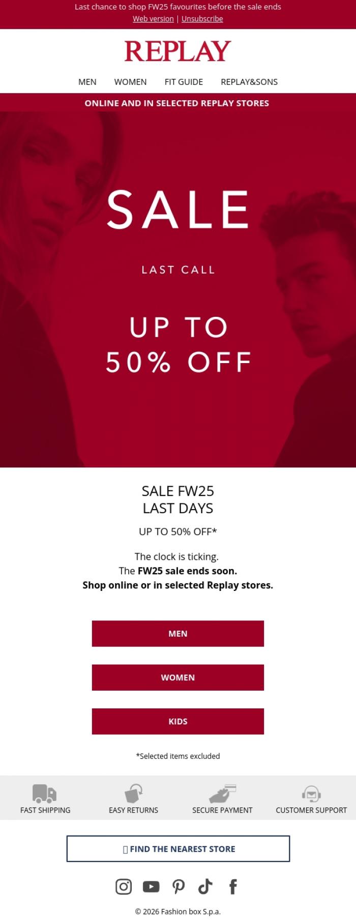 Email Design Inspiration from REPLAY Online Shop, FW25 Sale Ends Soon ⏰