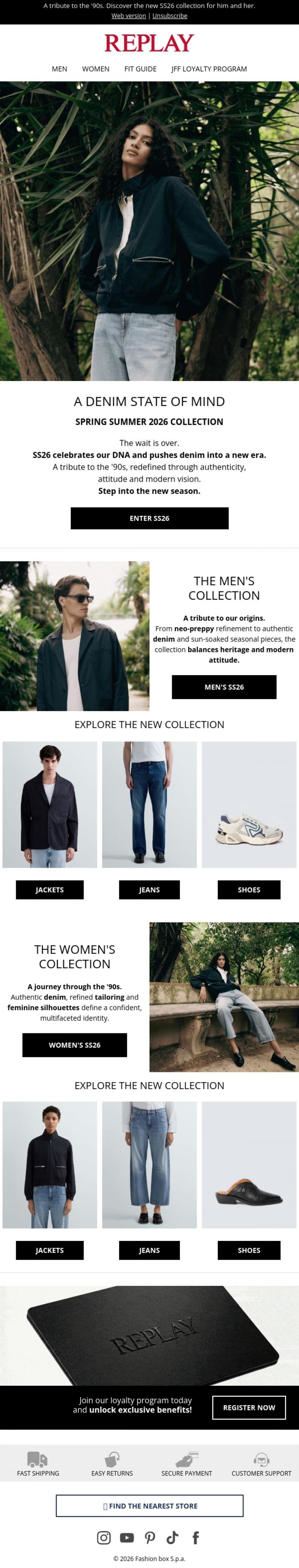 Email Design Inspiration from REPLAY Online Shop, Welcome to SS26