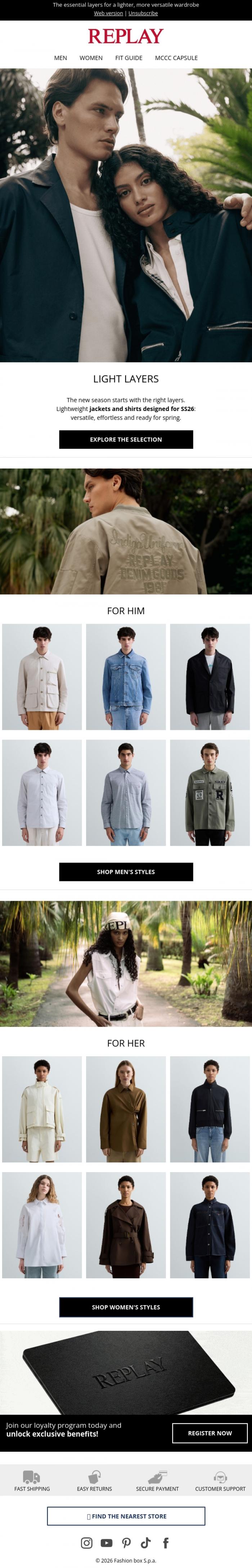 Email Design Inspiration from REPLAY Online Shop, New Season, Light Layers