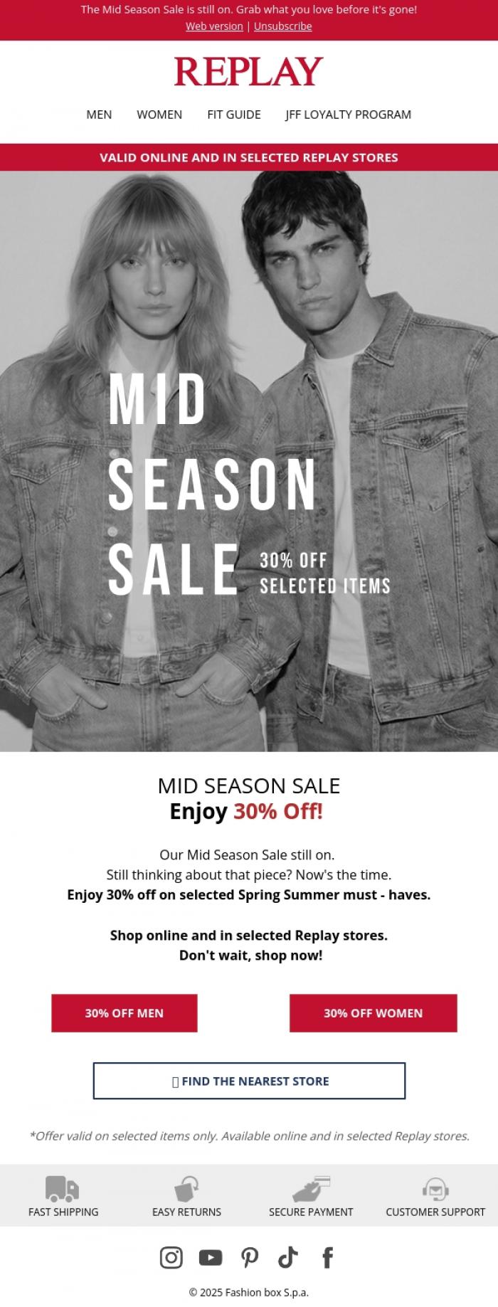 Email Design Inspiration from REPLAY Online Shop, Still Thinking? 30% Off Won't Wait