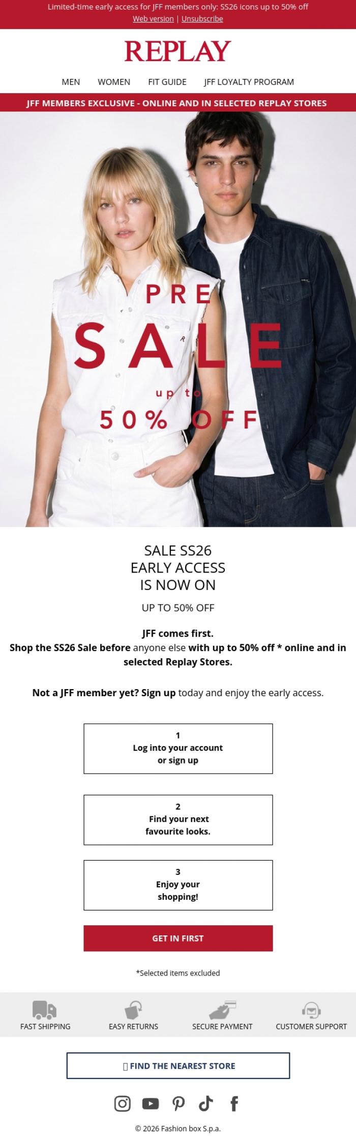 Email Design Inspiration from REPLAY Online Shop, Your Early Access to SS26 Sale is here