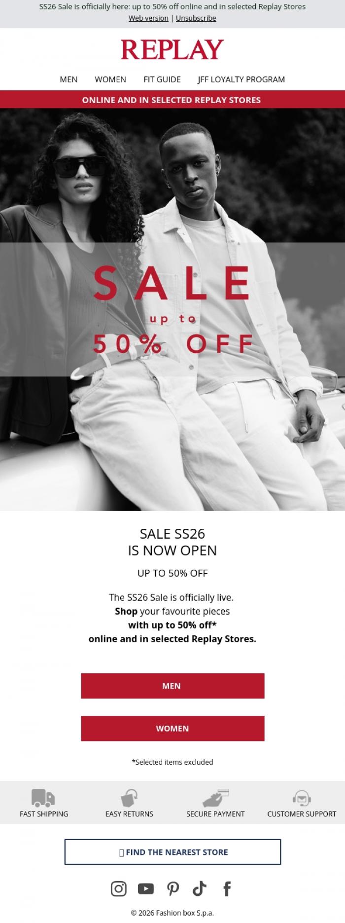 Email Design Inspiration from REPLAY Online Shop, SS26 Sale Is Now Live - up to 50% Off