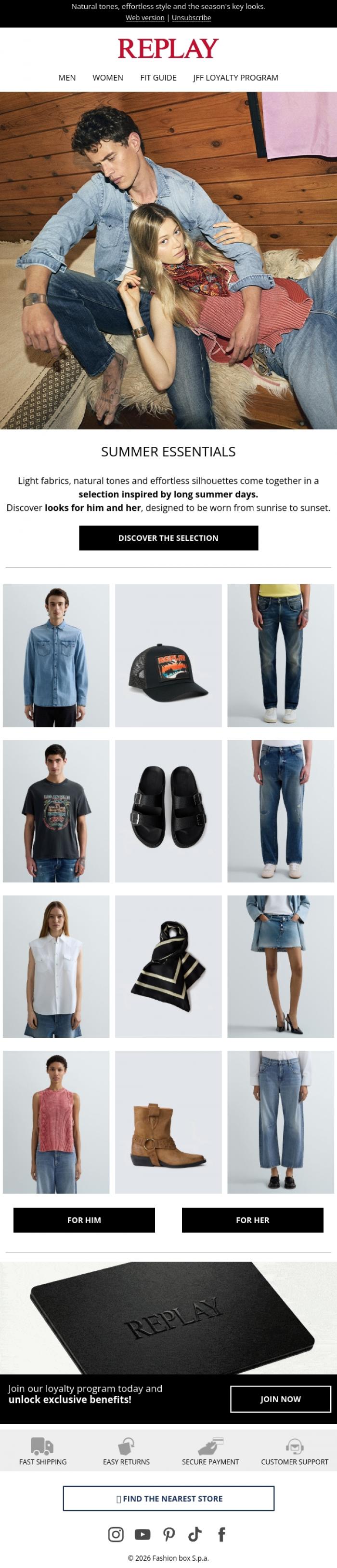 Email Design Inspiration from REPLAY Online Shop, Summer Looks ☀️