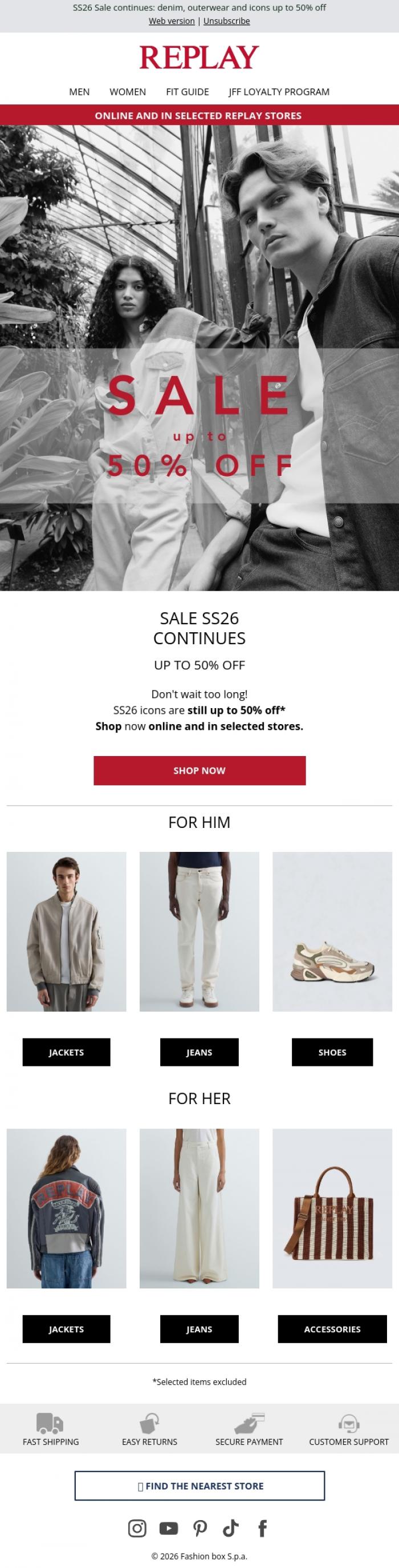 Email Design Inspiration from REPLAY Online Shop, Sale Continues - Up to 50% Off