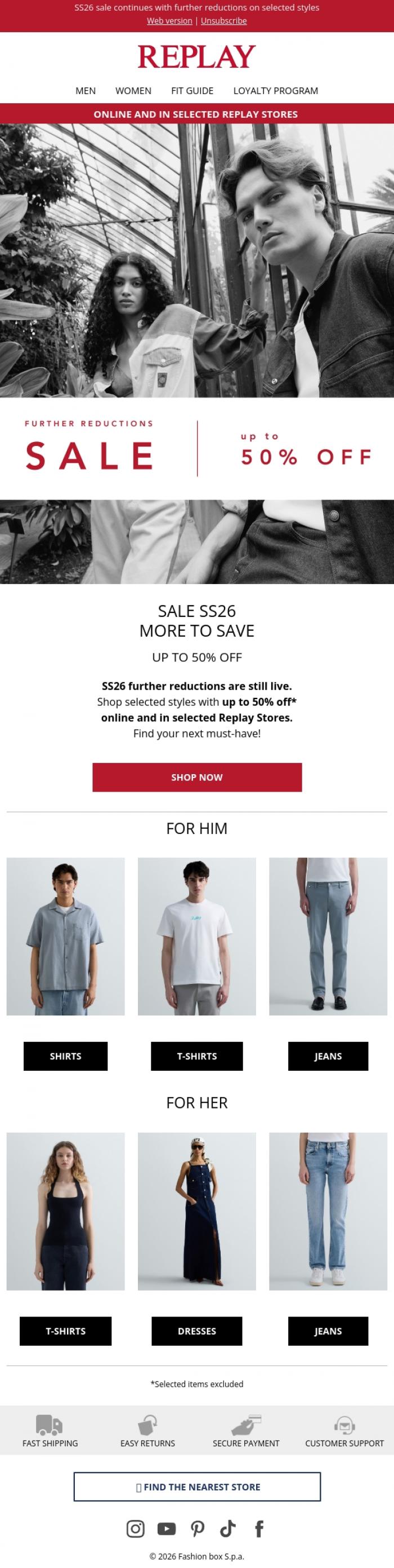 Email Design Inspiration from REPLAY Online Shop, SS26 Sale: Further Reductions Continue