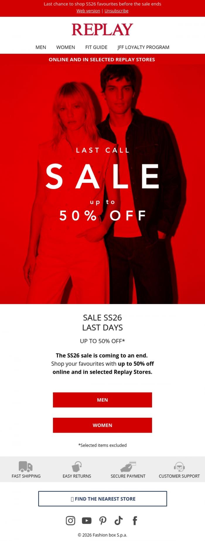 Email Design Inspiration from REPLAY Online Shop, SS26 Sale Ends Soon ⏰