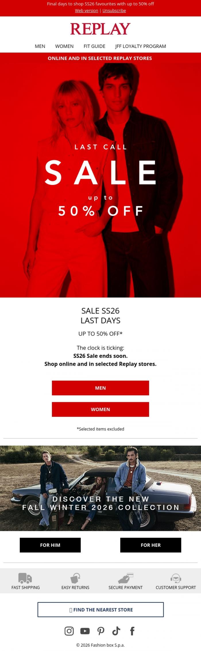 Email Design Inspiration from REPLAY Online Shop, SS26 Sale: Last Days ⏰