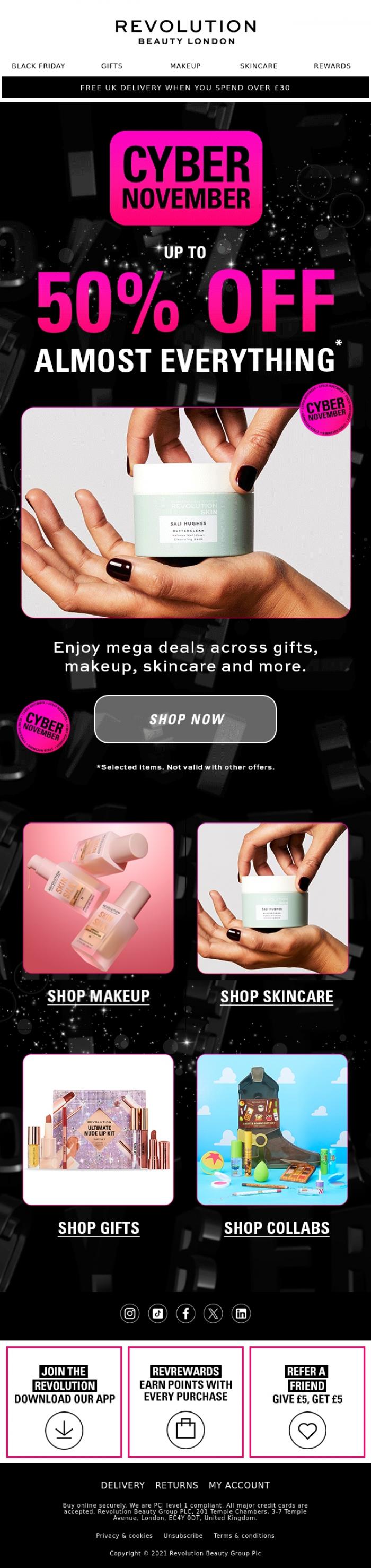 Email Design Inspiration from Revolution Beauty, Up to 50% OFF (almost) everything 🚨