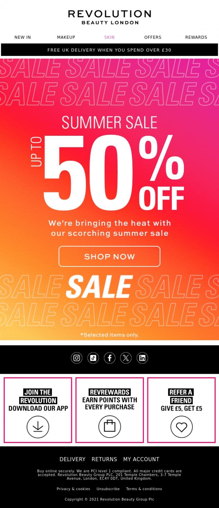 Email Design Inspiration from Revolution Beauty, The wait is over: Up to 50% off SALE 🔥