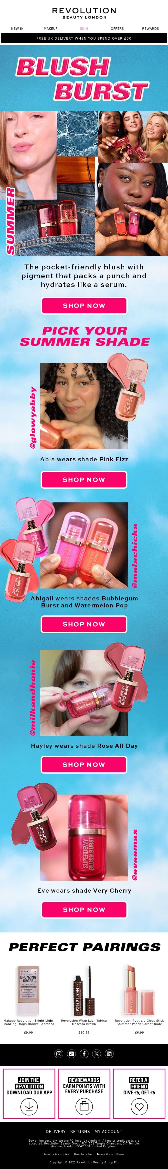 Email Design Inspiration from Revolution Beauty, The &pound;6.99 liquid blush for juicy flush