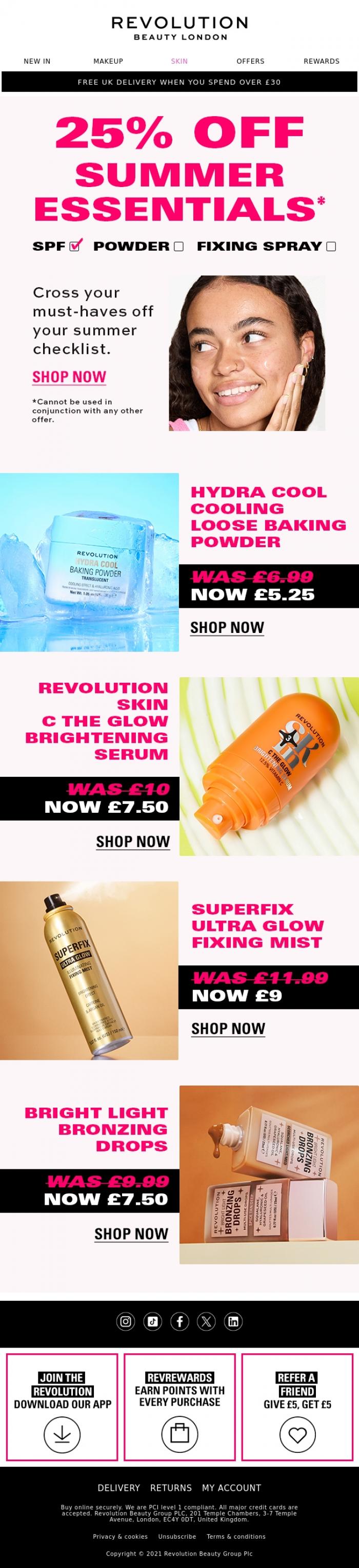 Email Design Inspiration from Revolution Beauty, Save 25% on summer essentials 🌞